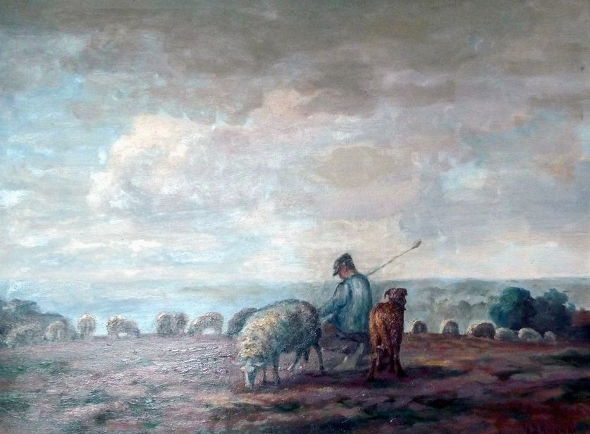 H.E.Knaake zitende Herder met schapen P1000132