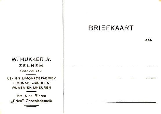 Briefkaart W. Hukker jr IJs en limonade fabriek 
